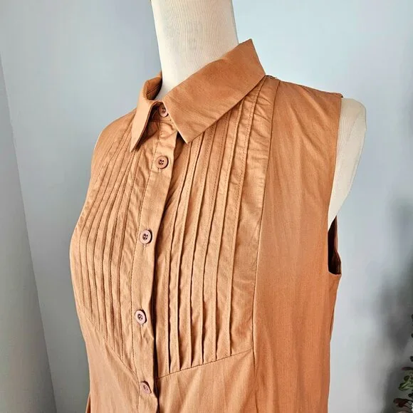 NWT Camel Cotton Poplin Midi Shirtdress Pintuck Button Front Pockets Small - Picture 7 of 10